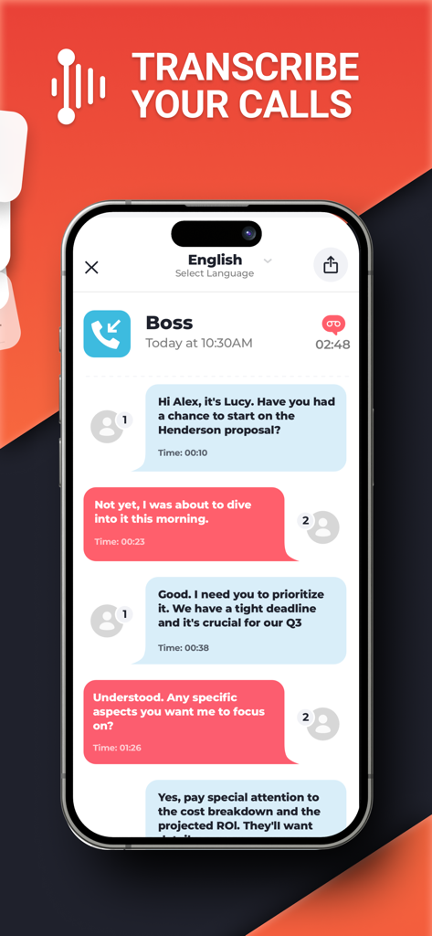 Phone Call Recorder ACR - Una pantalla de smartphone que muestra la transcripción de una llamada de Phone Call Recorder ACR