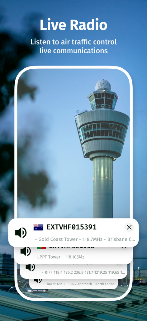 Live air traffic control radio communications feature in the AirNav Radar app