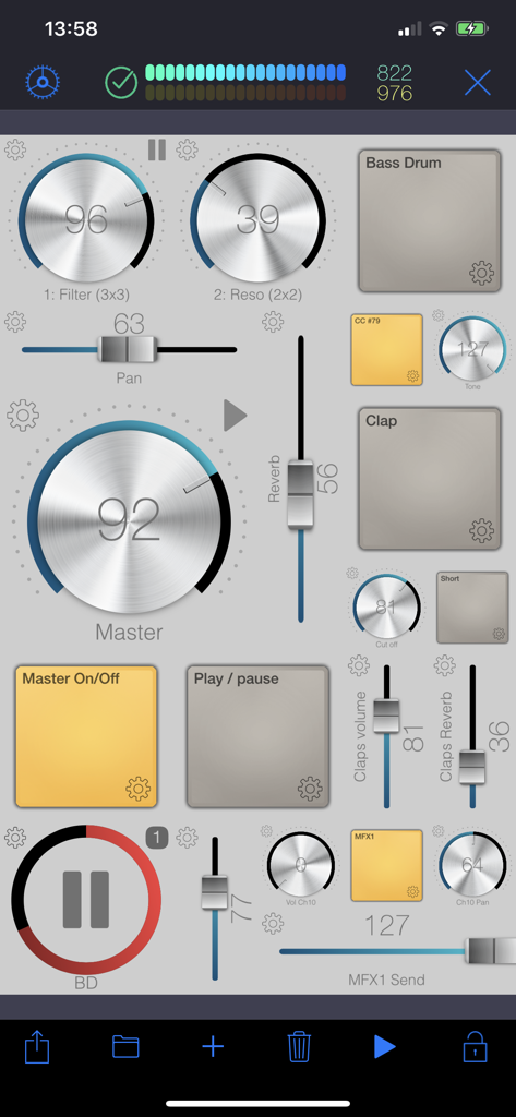 WiDI - MIDI Studio - Interface of WiDI MIDI Studio app featuring a custom layout of virtual knobs faders and pads for music control