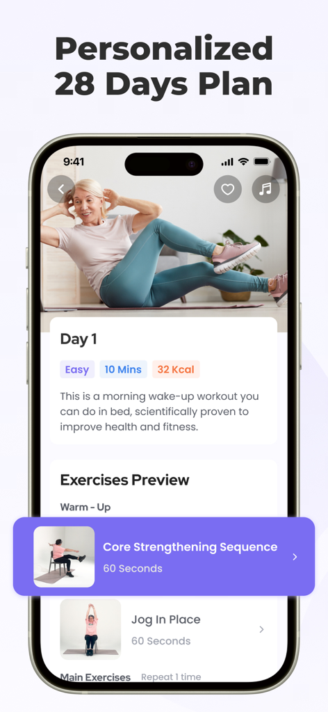 Chair Yoga for Seniors at Home - Pantalla móvil que muestra un plan de fitness personalizado de 28 días para personas mayores con ejercicios de fortalecimiento central y seguimiento del progreso