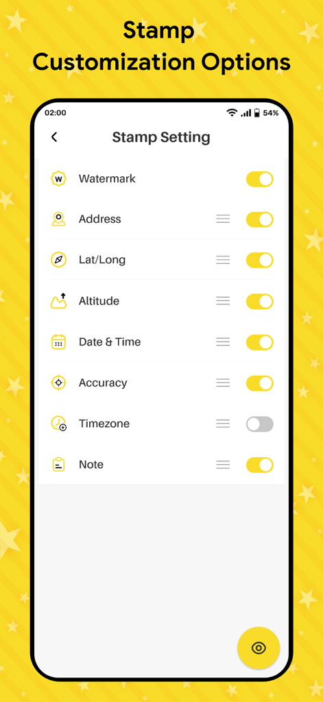 Mobile app interface showing stamp settings for watermarks address gps coordinates altitude and timestamps