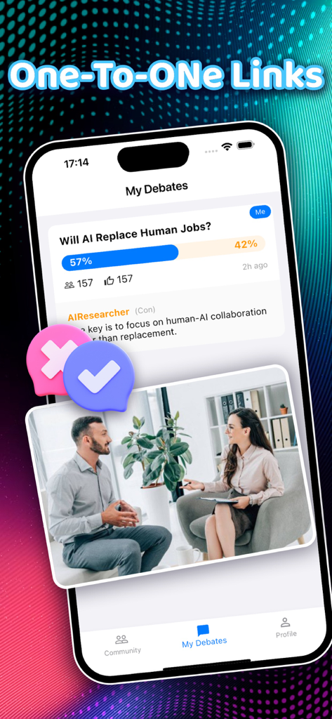 KloGli - KloGli app screenshot showing a debate poll about AI and human jobs with user comments and a One-To-ONE Links feature.