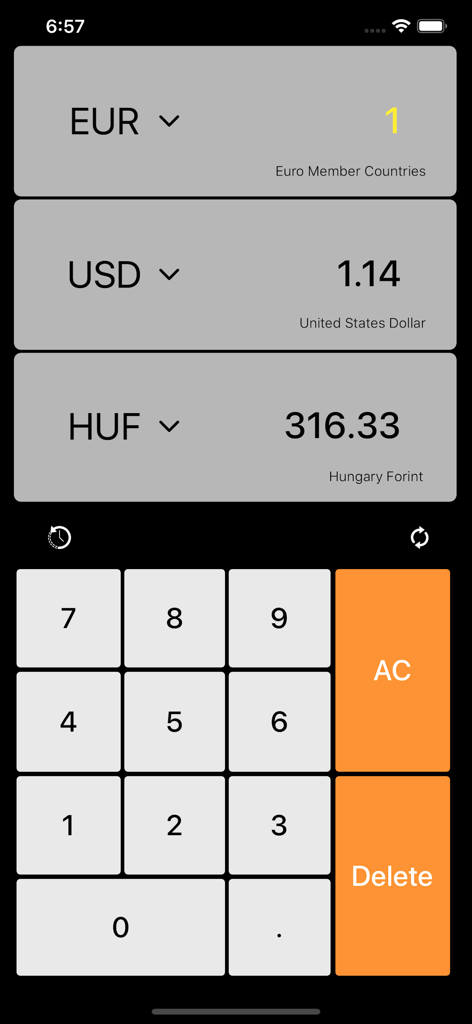 iCurrency Exchange Pro - Main interface of iCurrency Exchange Pro showing conversions from 1 Euro to US Dollar and Hungarian Forint with a numeric keypad