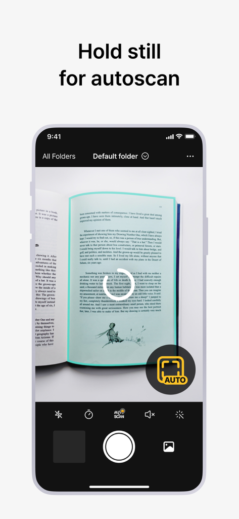 vFlatスキャンアプリが書籍のページを自動キャプチャする様子を表示するスマートフォンの画面
