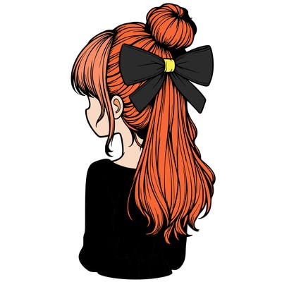 realistic girl  with hip length hair a bun and a big bow on the back of head