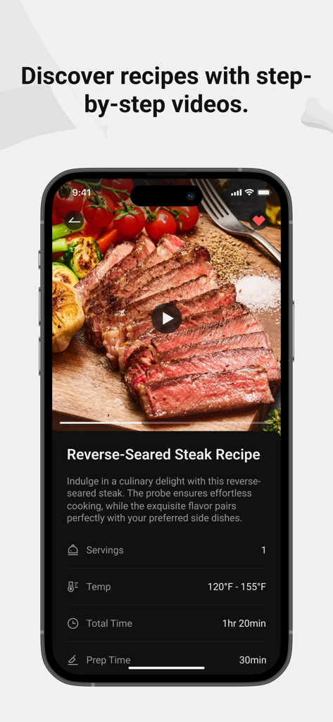 Écran de l'application ThermoMaven affichant une recette de steak saisie à froid avec un tutoriel vidéo et les détails de cuisson