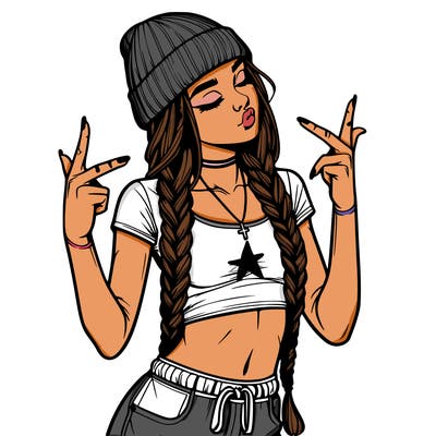 realistic teenage girl with braids and a beanie and crop top doing 🫶🏼