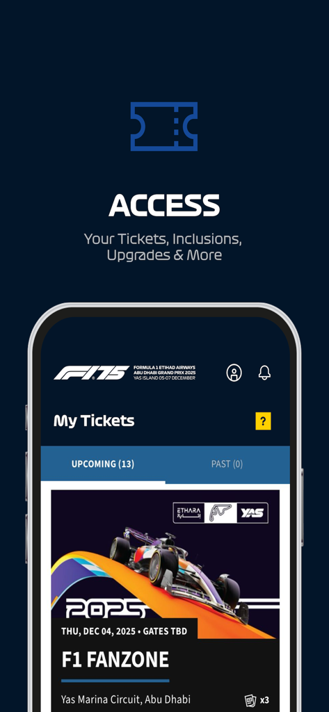 Abu Dhabi GP - Abu Dhabi GP mobile app interface displaying digital tickets for the F1 Fanzone at Yas Marina Circuit