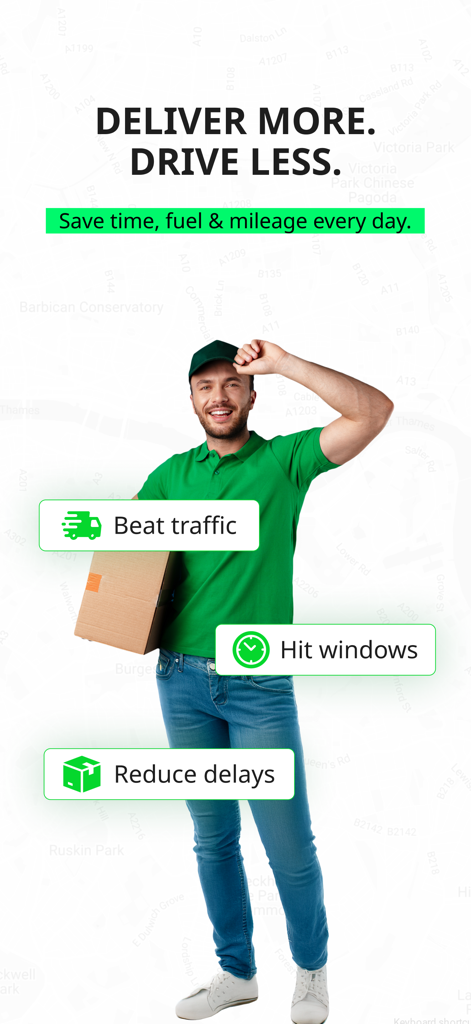 Geo2 Delivery Route Planner - A smiling delivery driver holding a package with text highlighting benefits like beating traffic and reducing delays
