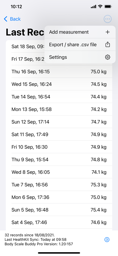 Body Scale Buddy Pro - Interface de l'application Body Scale Buddy Pro affichant une liste de journaux de poids corporel quotidiens et un menu avec exportation CSV et options de paramètres.