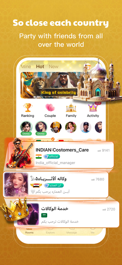 Mashi - Group Voice Live Chat - Interface of the Mashi app showing various live group voice chat rooms and international user profiles