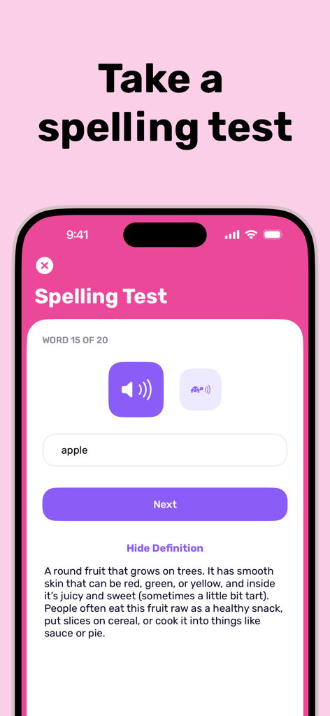 Spell It: Spelling Bee Games - Rechtschreibtest-Oberfläche in der Spell It App mit Audio-Aussprache und Wortdefinitionen.