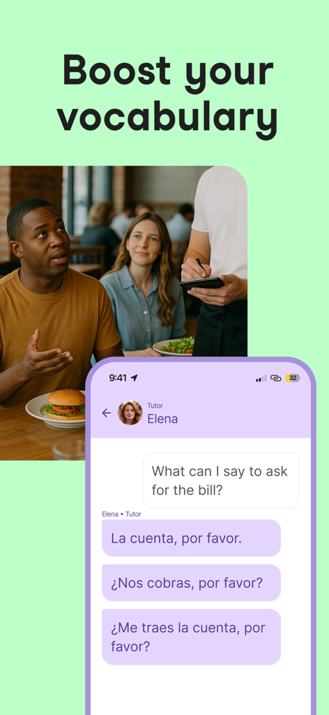 Univerbal AI Language Learning - Univerbal app screen showing an AI tutor providing Spanish phrases for a restaurant scenario to boost vocabulary