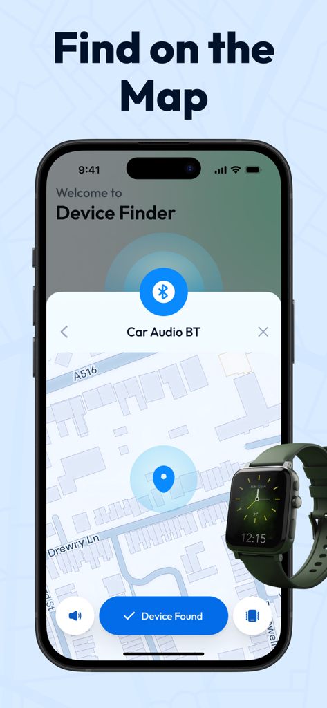 Bluetooth Scanner, Find Device - A mobile app interface displaying a lost device location on a map with a smartwatch overlay.