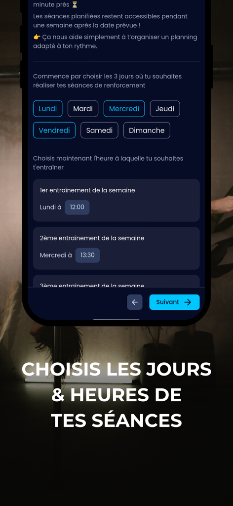 Interfaz de aplicación móvil para programar sesiones de entrenamiento de pole dance eligiendo días y horas
