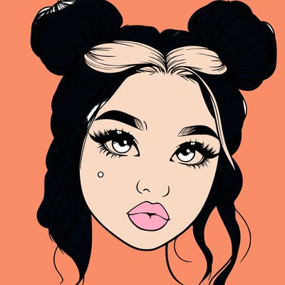 realistic girl with two buns on her hair and lips