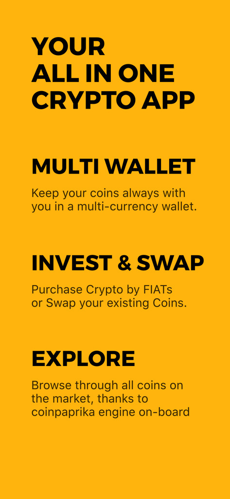 COINS: One App For Crypto - Text summary of COINS app features including multi wallet invest and swap and coin exploration powered by Coinpaprika