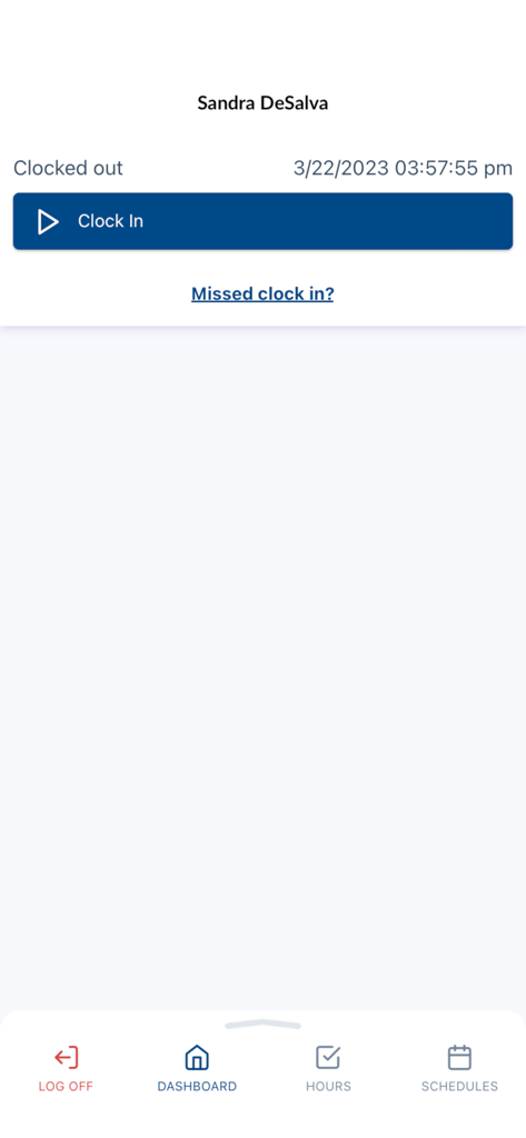 TCP MobileKiosk - Employee clock in screen on the TCP MobileKiosk workforce management app