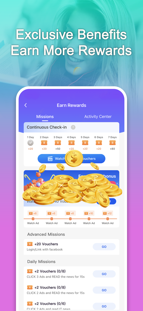 NovelCat-Novels and Books - NovelCat app missions screen showing daily rewards and vouchers for users