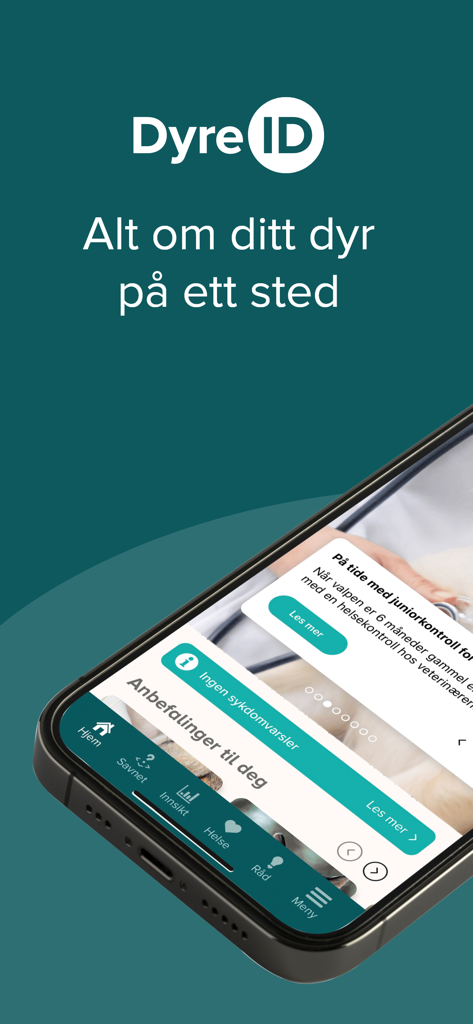 DyreID - Aplicativo móvel DyreID mostrando rastreamento de saúde de pets e conselhos