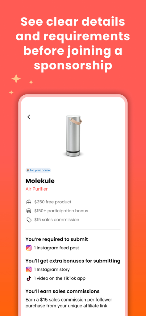 weSponsored Influencer App - Interface of the weSponsored app showing clear requirements and payment details for a Molekule sponsorship campaign.