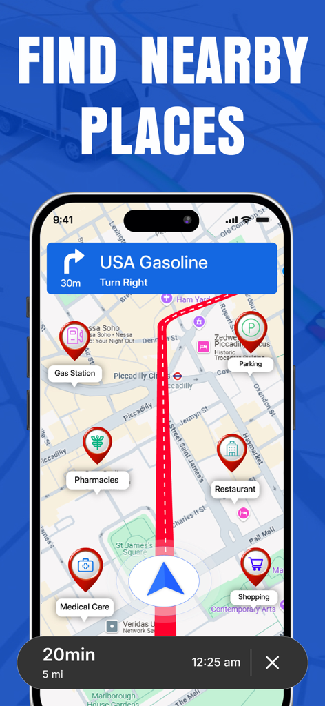 A smartphone showing the Truck Maps app interface with a map highlighting nearby gas stations, parking, and restaurants for truck drivers.
