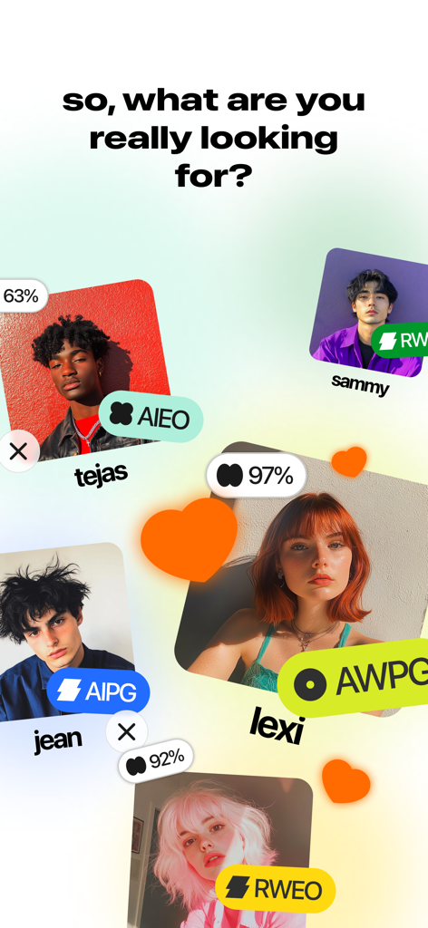 Dating profiles on the Nectar app showing compatibility scores and Loveprint personality types