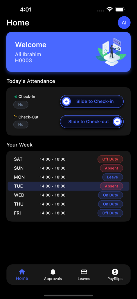 Hello Connect - Startbildschirm der Hello Connect HR-App mit Anwesenheits-Check-in und Wochenarbeitsplan