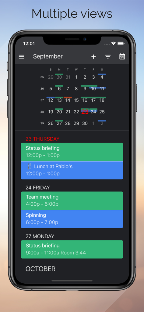 One Calendar - One Calendar App-Oberfläche zeigt Monats- und Tagesansichten der Agenda