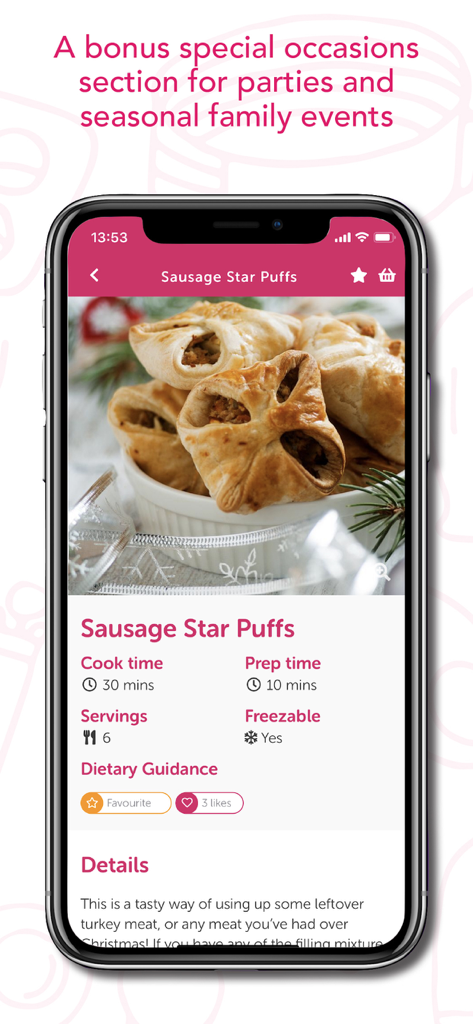 Détails de la recette des feuilletés étoilés à la saucisse dans l'application Recettes DME, incluant le temps de préparation et les conseils alimentaires