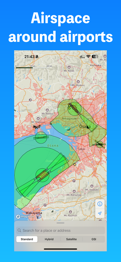 Map display of Drone Maps Japan app showing restricted flight zones around airports.