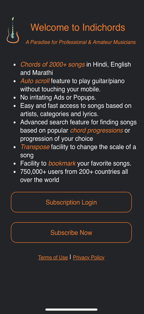Indichords app welcome screen listing musical features for Hindi Marathi and English songs