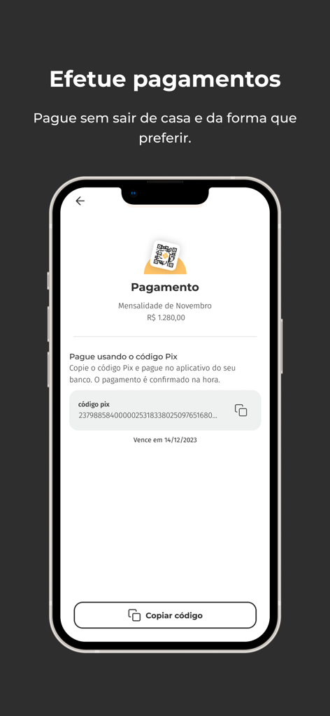 Klubi - A mobile screen from the Klubi app showing a payment interface for a monthly installment with a Pix code copy feature.