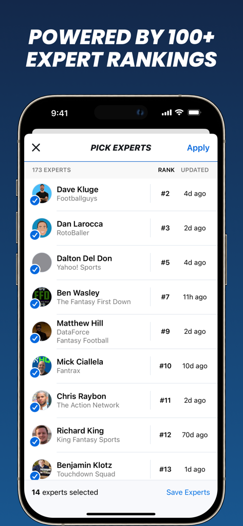 Fantasy Football Draft Wizard - Fantasy Football Draft Wizard app screen showing a list of top ranked football experts for draft advice