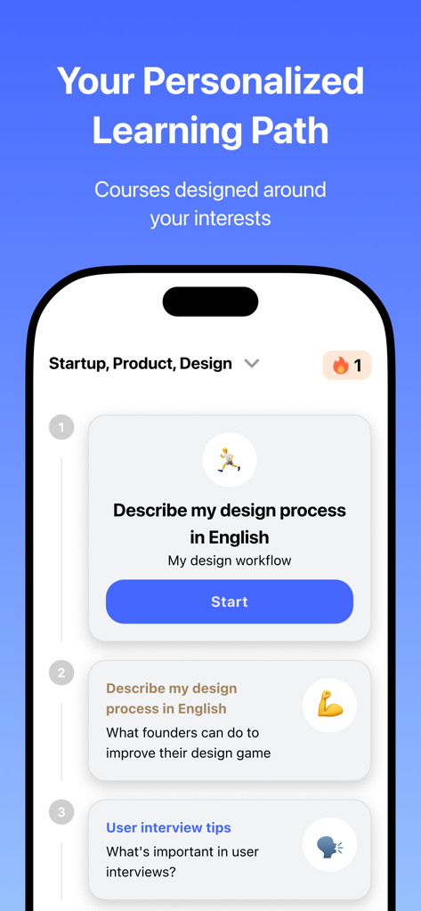 Else: AI English Tutor - Else AI English Tutor-App-Bildschirm, der einen personalisierten Lernpfad mit professionellen Kursen für Design- und Startup-Themen anzeigt