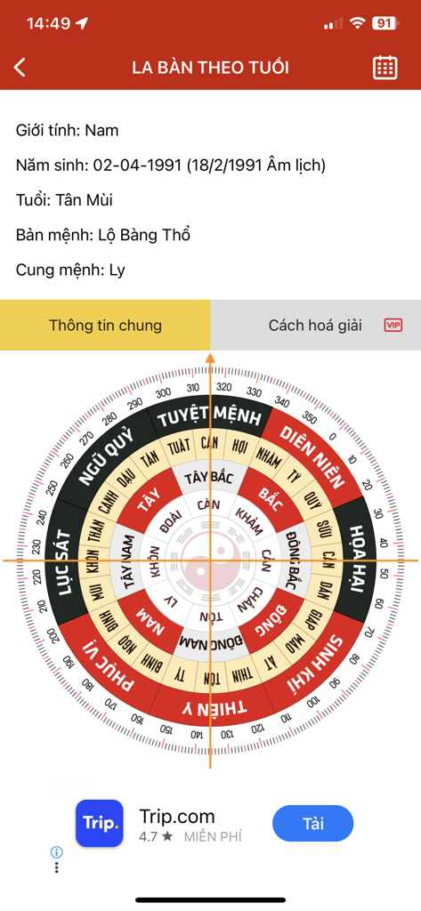 La ban Phong thuy - Laban - Feng Shui compass app showing personalized directions and zodiac calculations for home planning