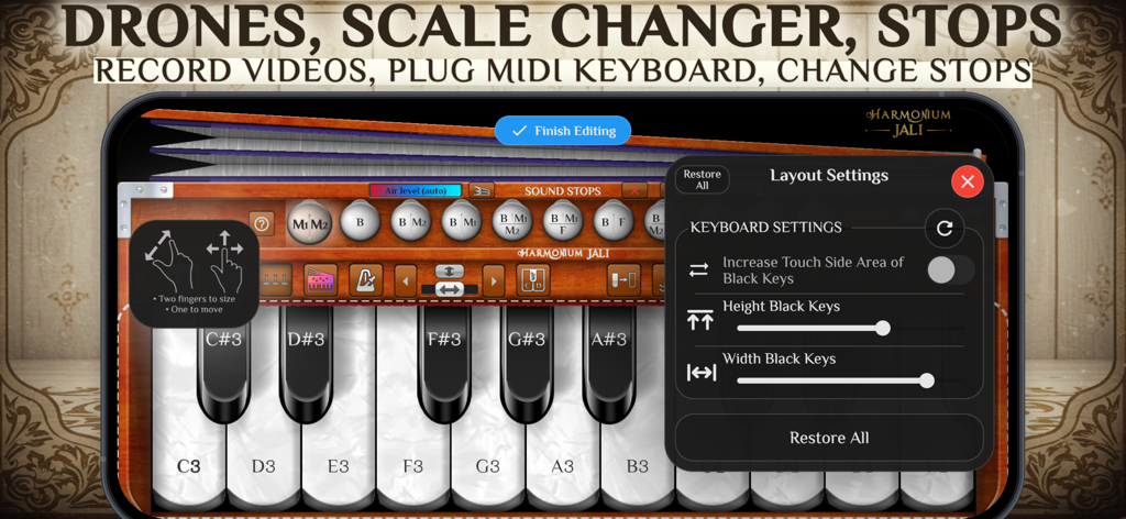 Harmonium Jali - Interfaz de la aplicación Harmonium Jali mostrando configuraciones personalizables del diseño del teclado para la altura y el ancho de las teclas.