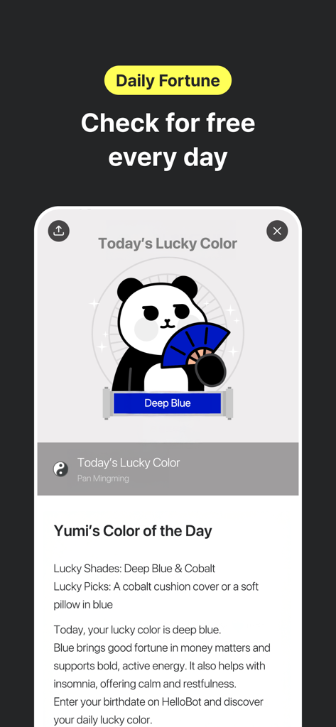 HelloBot app interface showing the Daily Fortune feature with Today's Lucky Color and a panda character holding a blue fan.