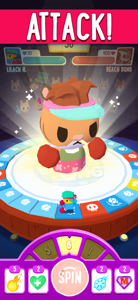 Board Kings game screenshot showing an attack minigame with a 3D character in a boxing ring and a spin wheel at the bottom
