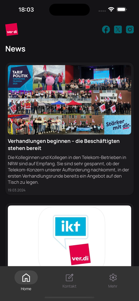 ver.di TK IT NRW - The news feed of the verdi TK IT NRW app showing labor union updates