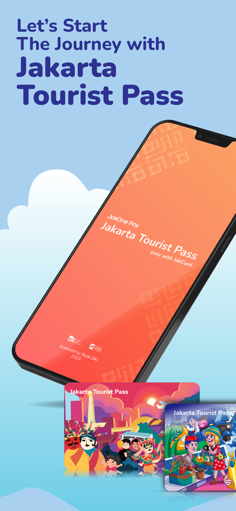 Jakarta Tourist Pass-JakOnePay - Jakarta Tourist Pass app splash screen showing a smartphone displaying the JakOne Pay interface and colorful local travel cards.