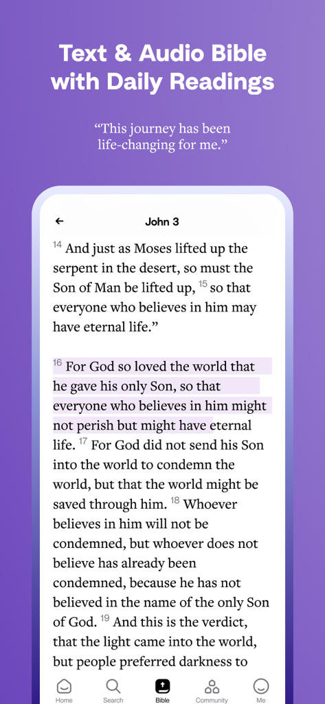 Uno screenshot dell'app Hallow che mostra una lettura biblica da Giovanni 3 con un titolo per la funzione Bibbia testuale e audio.