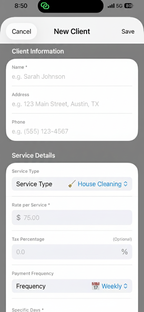 ClientPay: Client Billing App - Form to add a new client and service details in the ClientPay billing app