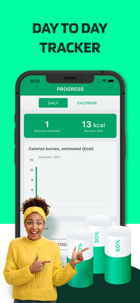 Home Fitness: 7 Minute Workout - Interfaz de la aplicación Home Fitness que muestra un rastreador de progreso diario de ejercicios con calorías quemadas y un gráfico de barras