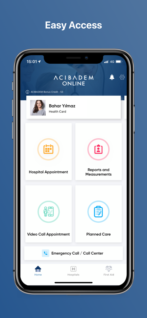 Panel de la aplicación móvil Acibadem Online mostrando funciones como citas hospitalarias y videollamadas