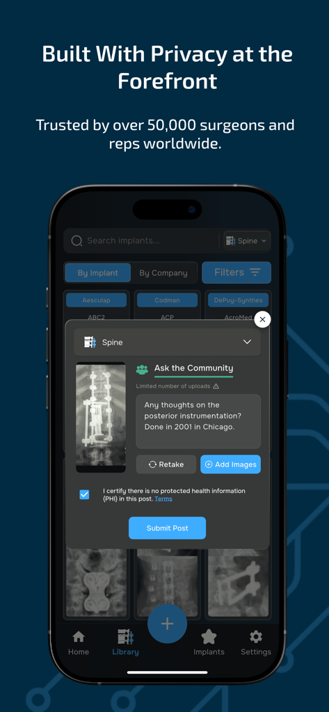 Implant Identifier - Interface of the Implant Identifier app highlighting privacy standards and a community submission for spine implant identification