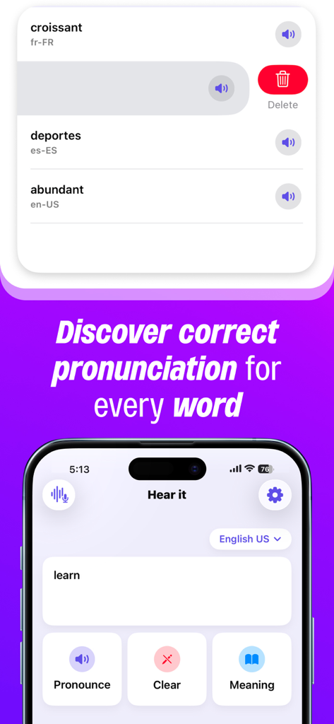 Pronounce Words - Hear it - The Hear it app interface showing word pronunciation history and search options