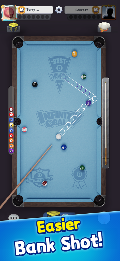 Infinity 8 Ball™ Pool King - Captura de pantalla del juego Infinity 8 Ball Pool King que muestra un tiro de banda más fácil con una guía de puntería larga