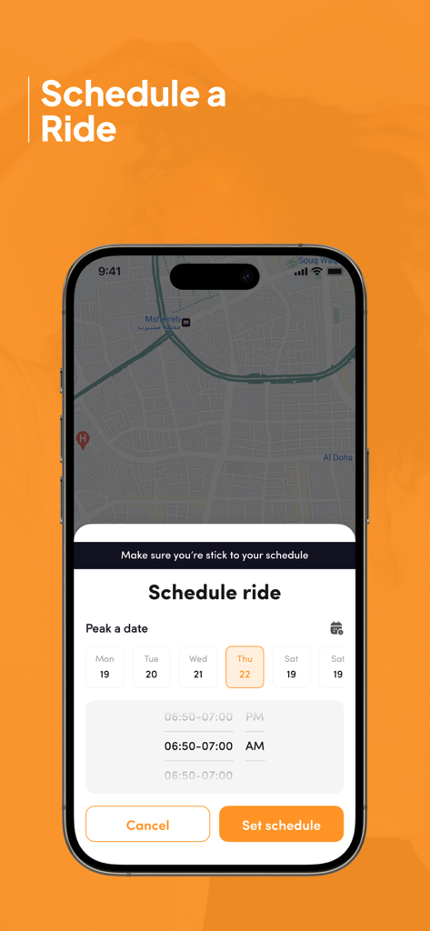 Ryde: Request affordable rides - Pantalla móvil de la aplicación Ryde que muestra la función de programar un viaje con opciones de selección de fecha y hora.