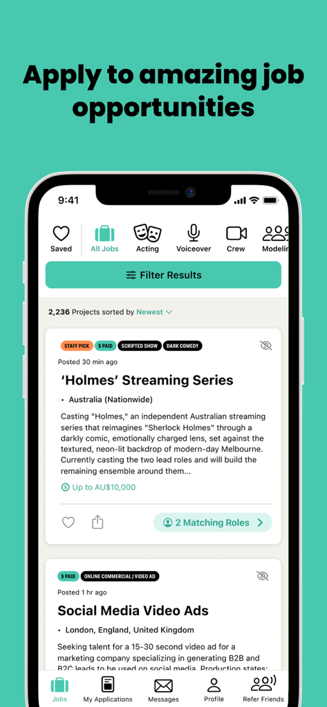 The Mandy Network - Smartphone showing job listings for actors and film crew on The Mandy Network app